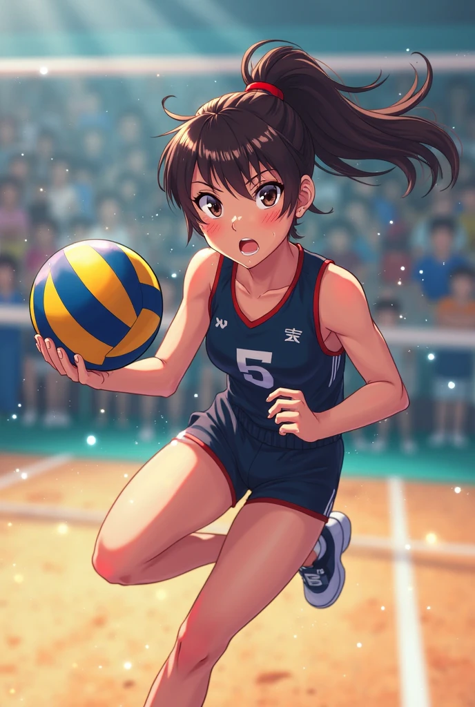 unity 8k wallpaper, anatomically correct,  (((masterpiece))), (((best quality))), (((ultra detailed))), (((high-resolution))), ((super fine illustration)), ((Ultimate cutie)), ((detailed beautiful face)), ((perfect hands)), ((perfect finger)), (((good anatomy))), Solo, One girl, 17 years old, (potbelly), (Curve), medium breasts, ((thick thighs)), Shiny hair, ((evil smile)), (smirk), (blush)), BREAK, Adidas, (((Buruma))), (Sleeveless collared Volleyball Uniforms), head band, ((wristbands)), ((Kneepads)), BREAK, ((Hold a white beautiful spherical 6-inch volleyball with both hands)), [leaning forward],  ((Sweat)), (perspired), (Heavy breathing), in gymnasium, in volleyball court, depth of field, strong light, ((Looking down)), cowboy shot