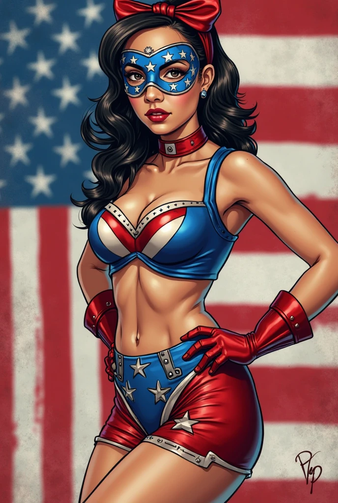 ((Realstic)) and ultra-detailed photography of a woman, body at an angle, dramatic angle, leaning forward, looking at viewer, hands are visible, hands are in frame, sexy dress, american flag dress, american flag patter on dress slight smile, rim lighting, atmospheric lighting, woman is well lit, sexy, beautiful woman, natural skin color, cinematic lighting, dark simplistic abstract background, fireworks, stars, night time