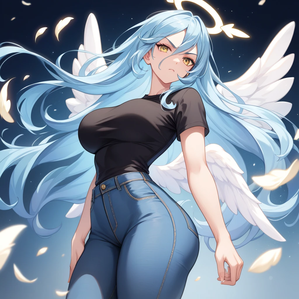 Hyperrealistic image of a young and beautiful woman, full body, big breasts, upturned nose, gray eyes, jeans, black sweatshirt, has angel wings, is smiling, has a ring of light over her head, the ring of light has pearl colors