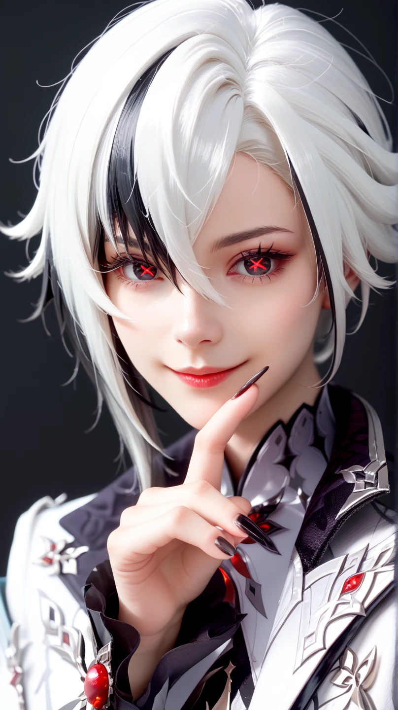 (close up:1.4), (RAW Shooting:1.2), (Reality:1.4), (masterpiece:1.3), (Highest quality:1.4), (bikini:1.3), White knee socks, swimsuit, flat chest, White hair, Black Hair, Colorful Hair, short hair, Straight Hair, White hair long braid, Glowing red eyes, Red X pupil, (focus, full-body shot, Smile