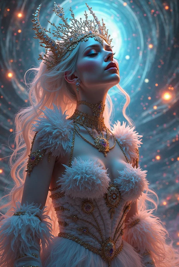 ((Infront a background of transparent cuboids floating in space)) canopy of mix of white and red clouds. A female character stands floating in the air. Long Grey silver mix floating luminous hair. crystal white tiara on her head. Wearing a red and black mix gown. armour of white,and red mix cross her chest
 etheral  Light  illuminates the character