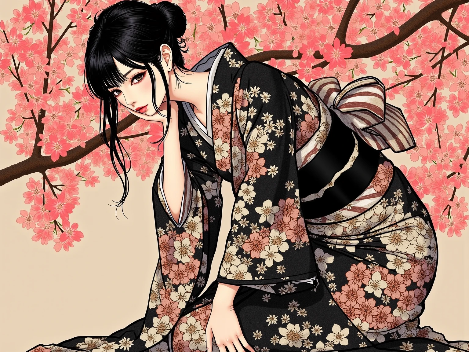 pop art、 digital artwork 、drawing with brown ink on white paper、 Japanese kimono、 white and brown brush strokes 、 melancholy expression、upper body、Thin incline、Highly detailed and dynamic、Express shadows with precise lines 、Delicate and accurate expression、Cherry blossoms are dancing in the background、modern art、Stroke Style, dark sepia filter