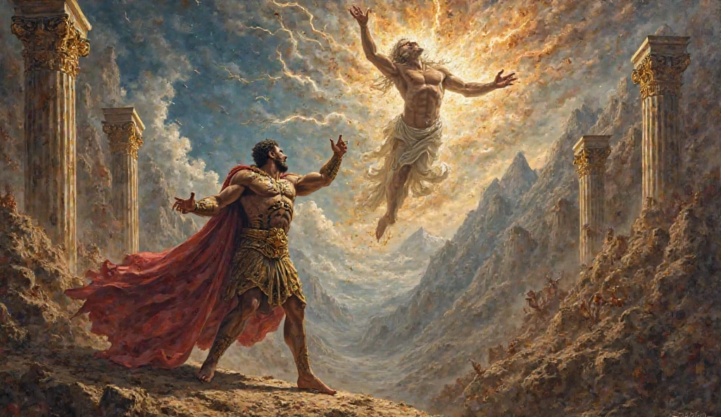 (abstract representation of a punishing god unleashing his wrath upon a tiny man),(oil painting),(dramatic scene, intense emotions),[dark, ominous atmosphere],[dynamic brushstrokes, bold colors],[contrasting light and shadow],[expressive depiction, surreal elements],(best quality, highres, vivid colors),[carefully detailed figures],[fine textures and intricate patterns],(detailed facial features, sharp focus),(determined expression, fear in the man's eyes),[trembling body, cowering posture],[god-like figure, powerful stance],(dramatic lighting, strong highlights and shadows),[dramatic perspective, tilted angle],(symbolic narrative, religious undertones)。