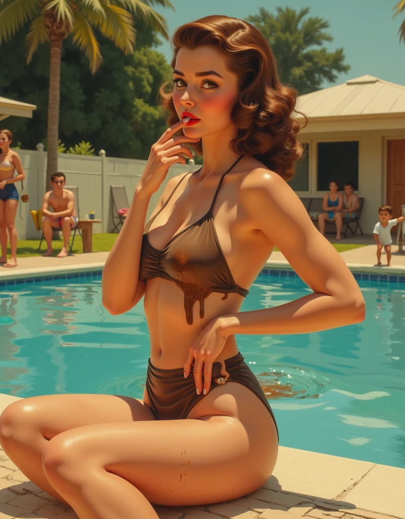 20 years old Girl sit beside swimming  pool , advertising of coca cola, tow legs above  the head .  totally naked, No Bra, No Panties, medium breast, shining skin, dramatic lighting, whole body shot, tightabs, gymbody,  pin up style, sexy, surprised, , colorful , masterpieces, illustrated, shining skin, detailed face, Medium breast. tight body. Illustrated BY Zoe Mozert,   pinup art by Zoe Mozert,  vintage pin up, illustrated by Zoe Mozert, girl pinup, pinup girl, pin-up poster girl, pin up girl, pinup, pin - up girl, Detailed face, Detailed Hands, Detailed legs,