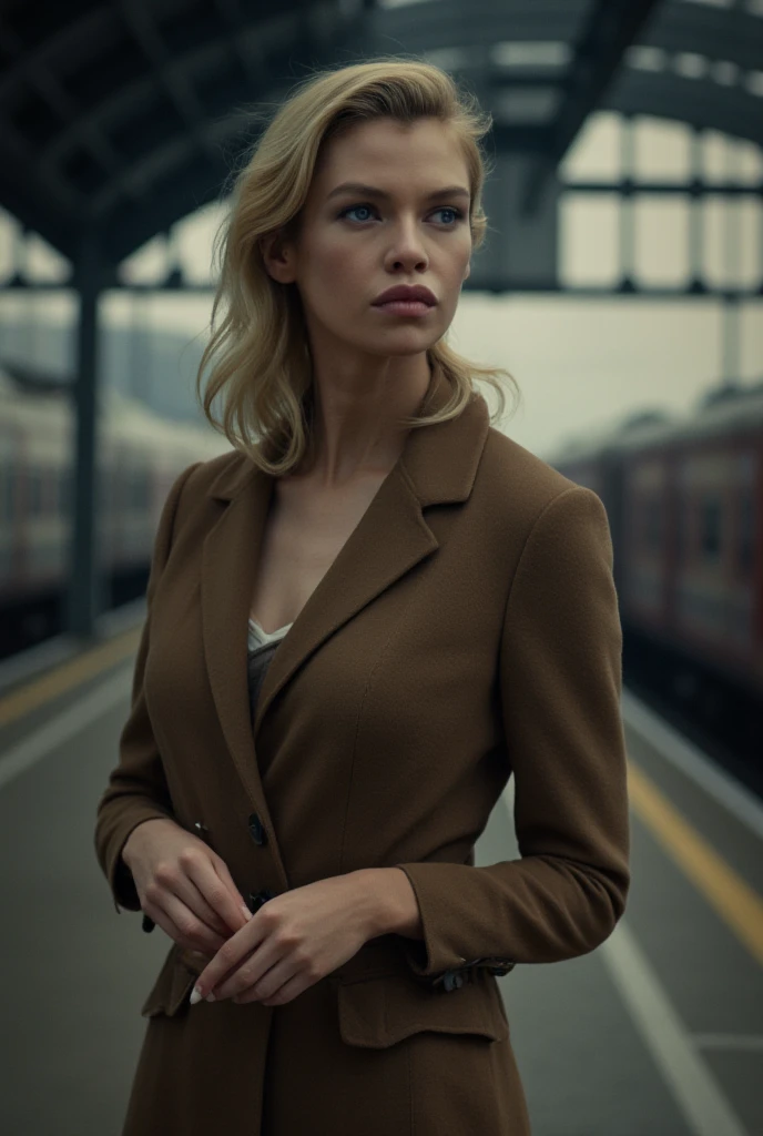(((A deep reddish scar runs across her left cheek))) light skinned, Women around , Natural blonde hair, Distinctive green eyes, Wearing a pantsuit, slender and graceful,, Beautiful, Candlelight in a futuristic atmosphere, Ultra Sharp Focus, realistic shot, Women's clothing of the near future, Tetradic color (Scar:1.4)