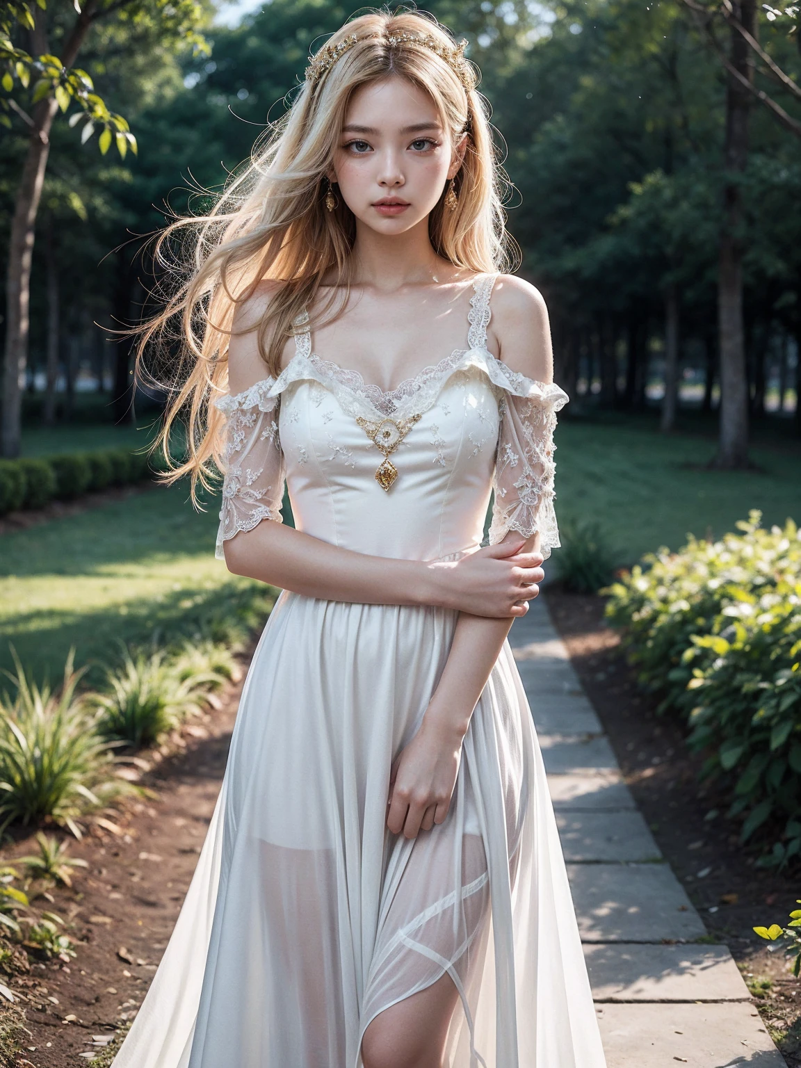 masterpiece, highres, high detailed, intricate details, depth of field, 1 girl, queen, royal crown, Coronation Gown, queen dress, Evening Gown, outdoor background. The background is a luxurious castle, mildly clouds, best sunlight. There are 2 long flower beds besides the path, queen is standing on the path. Her face is gorgeous, beautiful, confident. She wears a lot of luxury jelweries. She has blue eyes, white long hair. Behind her is the castle.