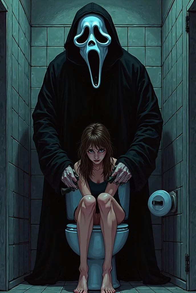 Create an anime image of a female character from demon slayer anime with ice breath tied up and gagged in a corner of a dark captivity and onis on her side from demon slayer anime
