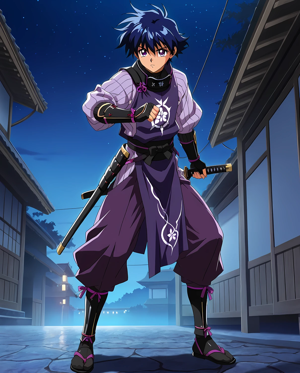 ((masterpiece)), ((best quality)), ((ultra-detailed)), score_9_up, score_8_up, score_7_up, HD, top quality, best quality, High-quality illustrations, anime screencap, perfect anatomy, 1boy, 1male, male anime character, anime boy, blue hair, purple eyes, Japanese, night time, japanese clothes, hakama, Purple kimono, masterpiece, best quality, amazing quality, 1990s (style),
arm guards, armor, black gloves, bodysuit, fingerless gloves, gloves, japanese armor, kote, loincloth, purple bodysuit, ribbed sleeves, tabard, toned, full body