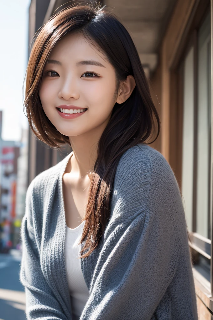 masterpiece,best quality,(Japanese ),((Beautiful girl)),cleavage,(perfect body beauty:1.2),(shy smile),beautiful teeth,(Blurred background of brick buildings),from above,