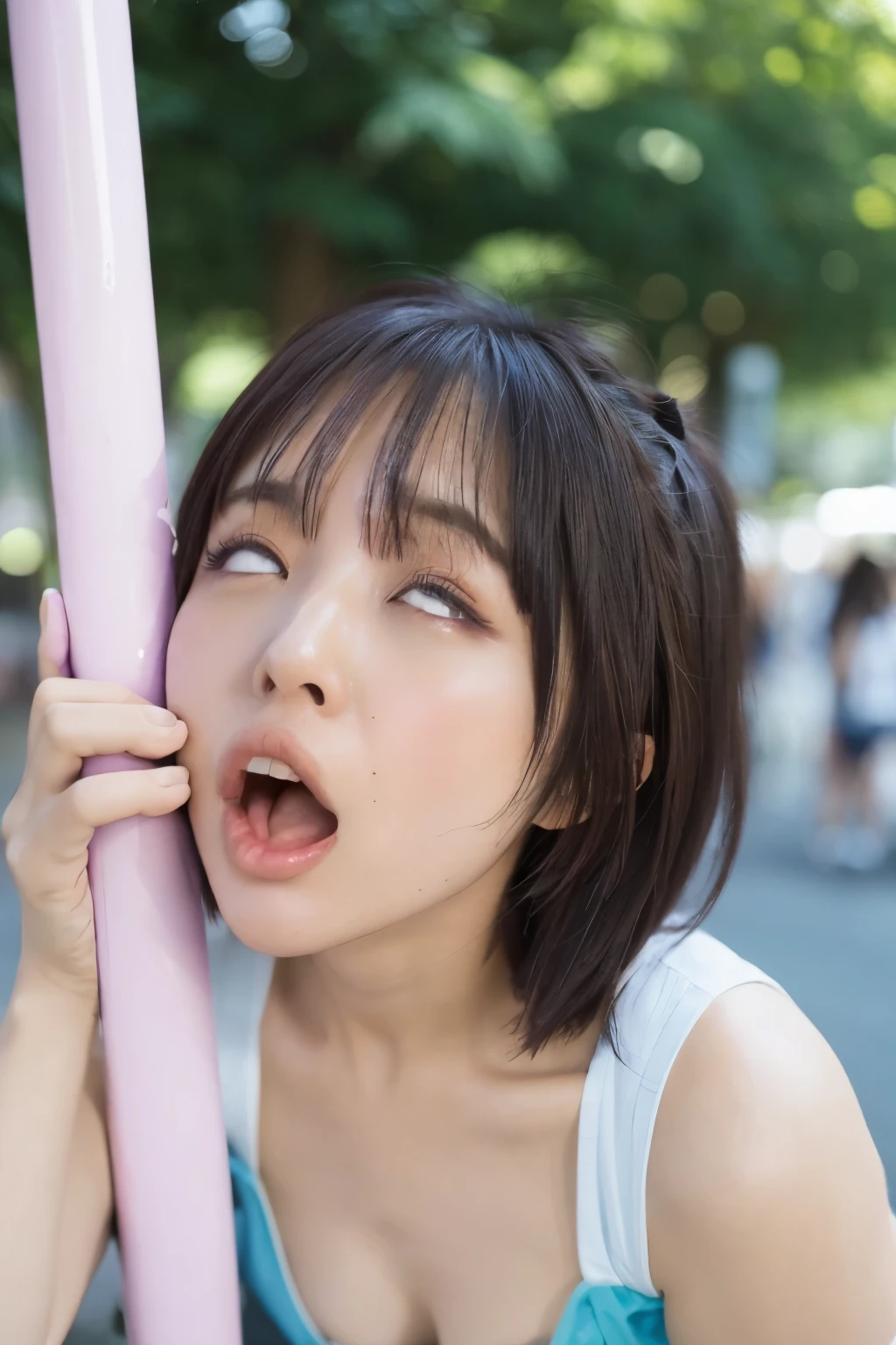 Close-up of face, (lean against a pole:1.5), ( top quality, masterpiece:1.2), highly detailed , high res, 8k Wallpaper, perfect dynamic composition, Eyes with Attention to Details , look up at the sky, summer trend fashion, open mouth, licking, gape mouth, She squints her eyes, (orgasm face:1.5), Ecstatic Face, Climax expression, (Woman with open mouth and narrowed eyes, deep acme: 1.1), Surrounded by people, 20 years old, cute Japanese woman, sexy style ,in a busy city, Tokyo , camera sexy shot, summer fashion ,Summer clothes, see-through
