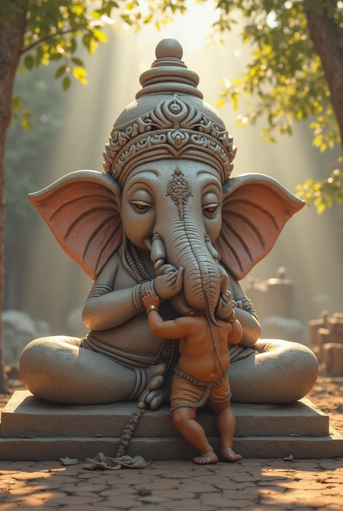 Half elephant face and half ganpati face sitting on the mouse