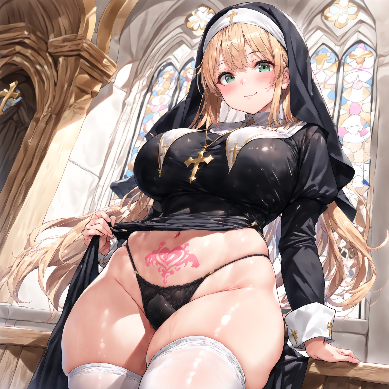 masterpiece, Highest quality, Official Art, Highly detailed CG Unity 8k wallpaper, Detailed Background, (Handcrafted by Guido Daniele), (Finger details), Mature Girl 1, (Curvy), (Nuns), (Bible in hand, A book with a cross on the cover:1.12), (standing in church), (Nuns gown:1.12), (Chest Curtain:1.12), (Nuns skirt:1.11), (White Garter Straps Garter Belt:1.12), (Blonde long hair:1.12), (Hair Intake:1.12), (Green Eyes:1.2), blush, (Loving smile, holy smile), (Huge breasts:1.5), (Long chest, Saggy breasts:1.3), (Let go of my chest), Tight waist, Shiny skin, (Cross Necklace), indoor, (Sacred Scene), (church:1.11), (Sunlight streaming through stained glass),sagging breasts,milf,nun,sideboob,underboob,breast focus、Sit back、Sit with your legs apart、Bow-legged、(thigh focus:1.3)