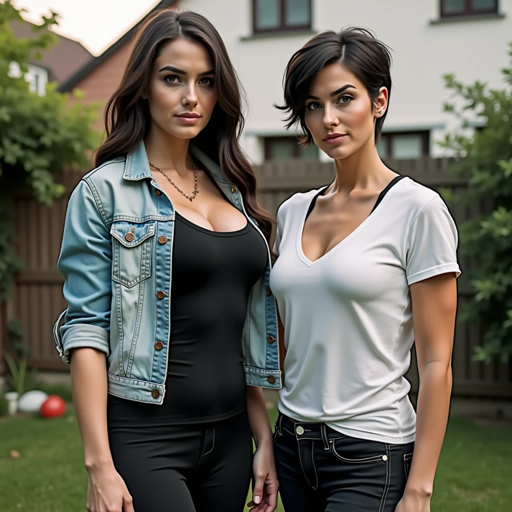 (Isabel Merced and friend (squatting:1.2) outside in open black jumpsuit, high heels boots, view from side, bob_cut hair, choker, slim photo model, (big breasts:1.5), smiling, Real Life, full bodyshot, Ultra Realistic, Photorealism, Photography, 8K UHD, Photo, HDR, Complex and Elegant, Highly Detailed, Sharp Focus, Stunning, Beautiful, Gorgeous), (Masterpiece: 1.2, Best Quality 1:1, Ultra Detail: 1.2, Best Shadows, 8k: 1.1), (beautiful detailed face), high contrast, (perfect lighting: 1.2), (cinematic light)), colorful, hyper-detail, dramatic light, intricate detail, photograph by arny freytag