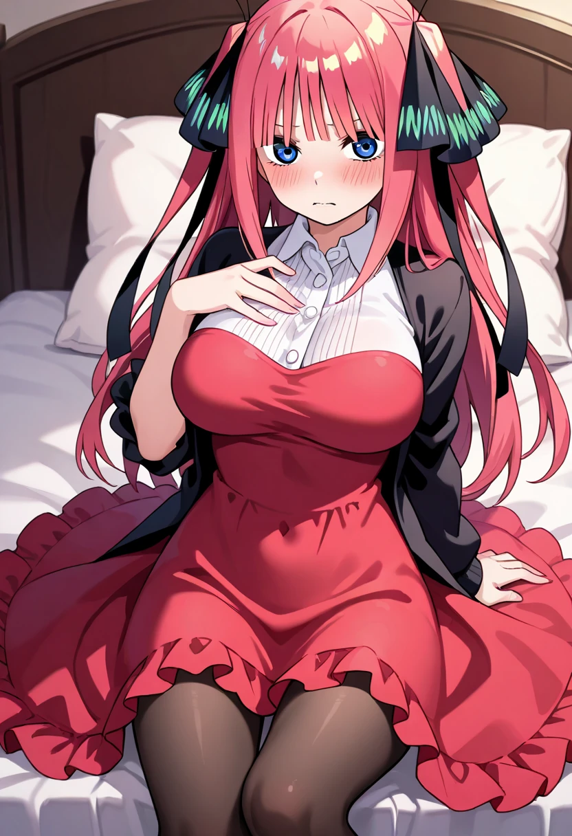 (((full body))), (highest quality:1.2), alone, 1 girl, kotonoha akane, ((pink hair)), smile, looking at the viewer, hair ribbon, black dress, removed sleeve, wide sleeve, bare shoulders, (((spread legs onbed))),(((vaginal,sex))),(((??? in pussy))),(((from above))), (((lying on bed))),(((white bed sheet))),(((lie on the pillow))),(((perfect ???????))),(masterpiece:1.0),(Highest_quality:1.0),detailed,highly detailed,ultra detailed,extremely detailed CG,super high resolution,4k,super detailed, photograph,high resolution,8K,HDR,Highly detailed CG Unity 8k wallpaper,super detailed skin,detailed beautiful eyes,detailed beautiful face,detailed beautiful face and eyes,very detailed background,perfect,lighting,colorful, bright_front_face_lighting,shiny skin,(highly detailed background),looking at the viewer,(Focus on her face), solo, upper body, looking at viewer, upper angle, perfect quality, good quality, masterpiece, HDR, UHD ???????????????????,masterpiece,best quality,detailed,highly detailed,ultra detailed,extremely detailed CG,high resolution,8K,super detailed skin, ((detailed beautiful eyes)),detailed beautiful face,detailed beautiful face and eyes,very detailed background,highly detailed background,(front view),(((super big breasts))),looking at viewer,The girl's breasts aren't exposed at all., You can clearly see that she has very large breasts.,((kawaii)),((?????? face)),