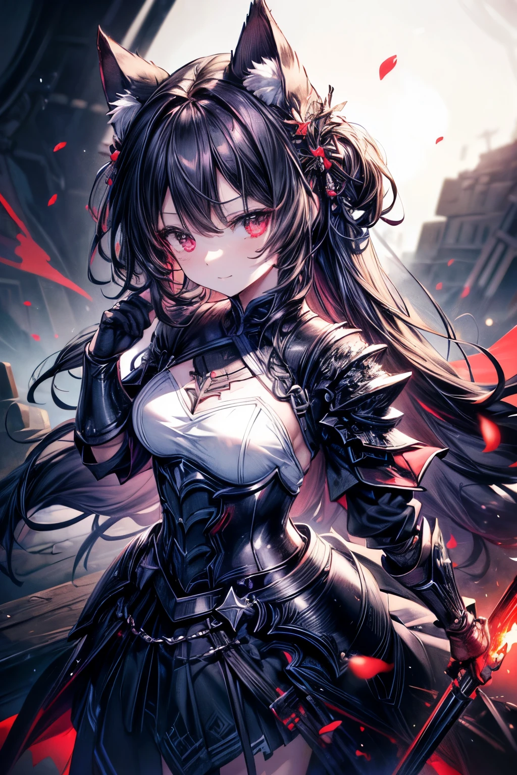 (((masterpiece、Highest quality、Hi-Res、16k))) (1 woman)、
Armed Girl、black armor、Black Gauntlet、Shin guards、Cat ears、 serious expression、red eyes、 dark hair、long black hair、Devil's Wings、(Red Blade Sword:1.5)、Moonrise Night: Mysterious red carpeted gothic castle、
Dignified Photos 、 front view、smile, anime風, light/dark method, multi view, fluorescence, anime, lens flare, ((全身 front view))、(very detailed:1.5)