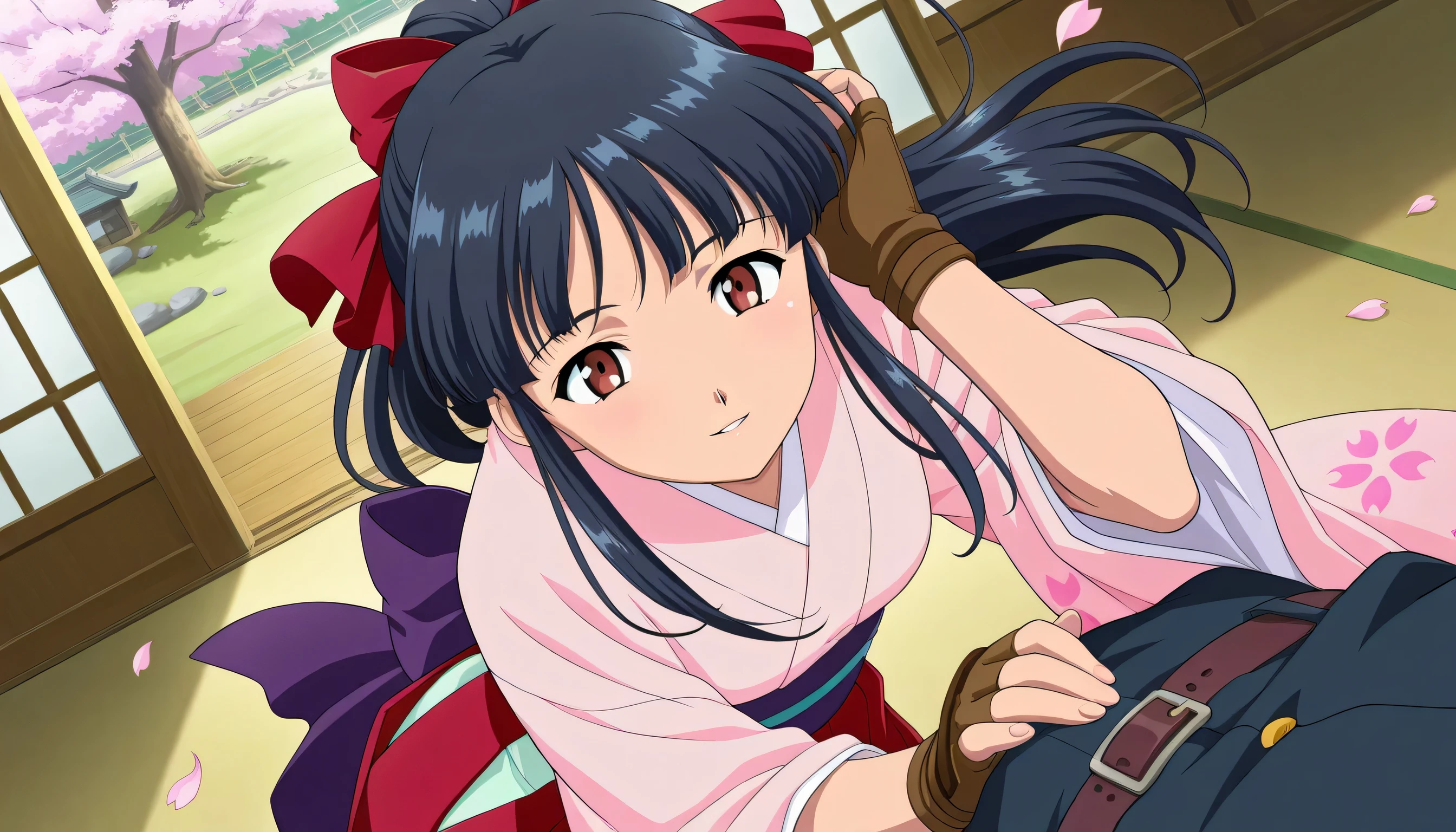 NSFW,1girl,1boy,fellatio,detailed eyes, beautiful, detailed background, perfect eyes,
source_anime, very aesthetic, anime coloring, masterpiece, official art,
BREAK,
sakura tree, japanese village, sakura petals, windy, floating hair,
cowboy shot, dynamic angle,
looking at viewers,hand on hair, light smile, parted lips,
BREAK,
sakuraBase, black hair, hair ribbon, red ribbon, brown hair, ponytail, red bow, sidelocks, bangs,
meiji schoolgirl uniform, japanese clothes, red hakama, floral print sleeves, floral print kimono, purple sash, fingerless gloves, green obijime,
