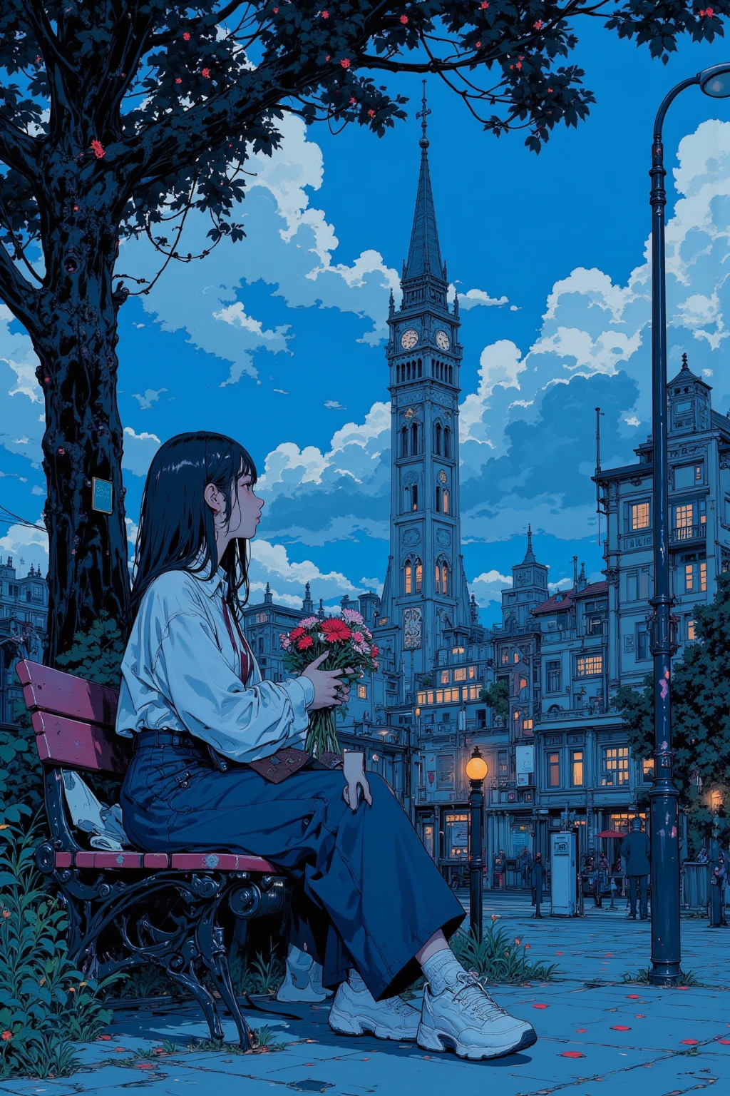 woman sitting on a park bench with a bouquet of flowers,She's looking at the clock tower and waiting for someone,Blue Hour in the Evening,Blue Hour in the Eveningの街を一望できる高台の公園で,CMYK palette,a mix of Conrad Rosette and Shinkai Makoto , Lofi Girl  ,  Amazing Art,anime style cityscape ,   anime still picture anime colored paper  , anime, mamoru hosoda, 90s anime aesthetic ,Kilian Eng. Moebius,  Tom Wesselman Inspired,full color illustration,clean illustration inspired by skiers  ,   Detailed 2D Illustration  ,  Detailed painting by Gouache   , Poster illustration,  2D gouache illustration , Vivid but undersaturated illustrations