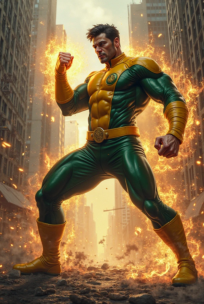 1man, shirtless, martial arts, yellow vigilante mask, white eye patterns with black outline, blonde shades , muscular, green costume, yellow belt and boots, burning fists, black dragon tatto shapes into a circle, mystical city background