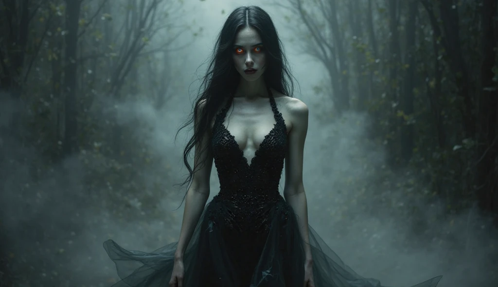 Powerful light-eyed demon, dark hair and blue dress