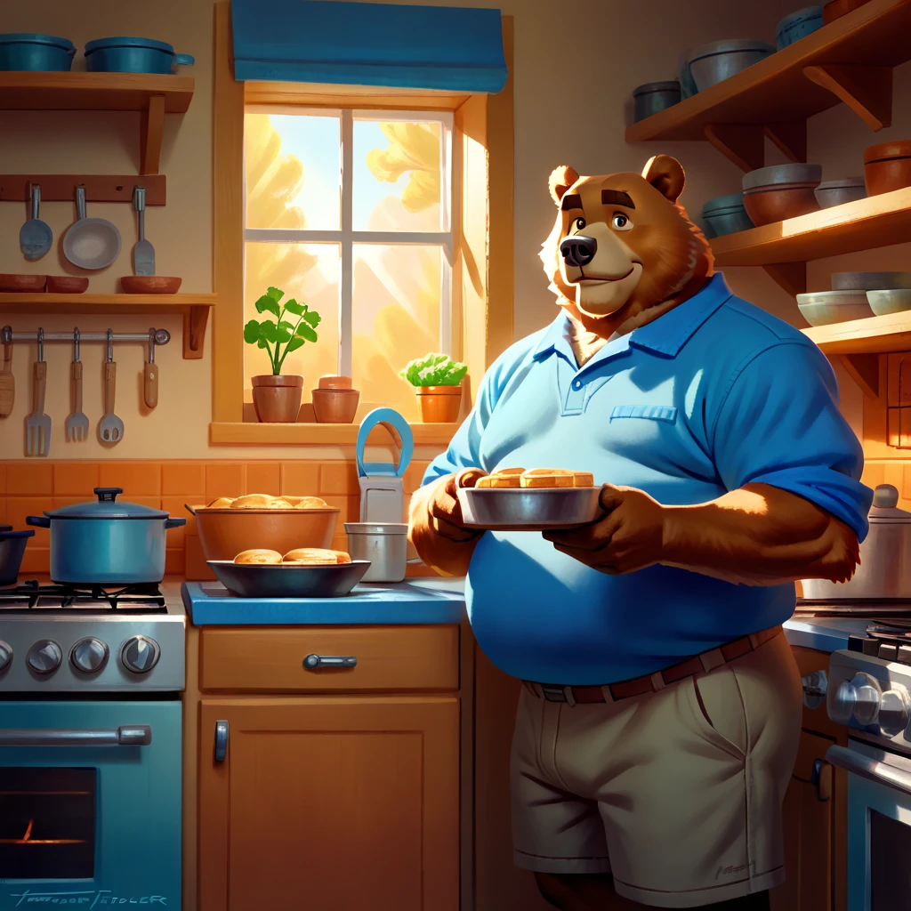 (by Taran Fiddler), (by Anhes), (by bontiage), bear, semi-feral, male, old, mature, chubby, fat, big butt, thick thighs, wide hips, khaki shorts, blue shirt, mustache, bushy eyebrows, facial hair, bear tail, cozy kitchen, warm sunlight, sweet smile, looking at viewer