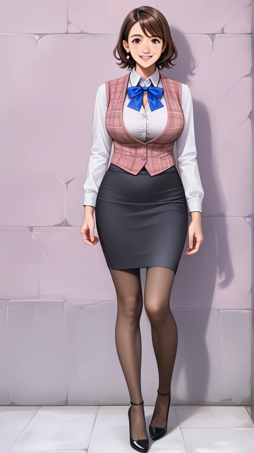 ((1girl, solo)), ((mature female)), beautiful body, (perfect anatomy, perfect body, perfect hands, perfect legs), (five fingers:1.5), natural proportions, sexy body, large breasts, cowboy shot, hand on hip BREAK
((extremely detailed face)), (beautiful detailed eyes:1.6), (realistic pupils, realistic iris:1), expressive eyes, looking at viewer, (clear eyes:1.3), (hyperrealistic:1.2), (detailed skin texture:1.2), smooth skin, (brown eyes:1.5), glasses, (brown hair:1.5), (short hair:1.2), bangs, (detailed lips:1.2), (attractive lips:1.1), (glossy lips:1.1), (smile), parted lips, mole, ((mole under mouth)), perfect face, perfect eyes BREAK
ribbed sweater, sleeveless, pencil skirt, miniskirt, black pantyhose, black footwear, high heels, handbag BREAK
(masterpiece:1.5), anime-style, top quality, best quality, (beautiful and aesthetic:1.2), (ultra detail:1.5), Ultra-detailed depiction, Ultra-precise depiction, extremely detailed 8k illustration, high resolution, (highly detailed shading:1.2), (realistic lighting:1.4), perfect lighting, vibrant colors, dynamic tones, striking hues, 8k, absurd resolution, perfect shadows, hdr, UHD, ambient lighting, realistic, ultra-realistic, photo realistic, highly detailed, rich detail, luminous colors, fine texture, intricate design, professional illustration, (soft light:1.2), (illustration:0.7)