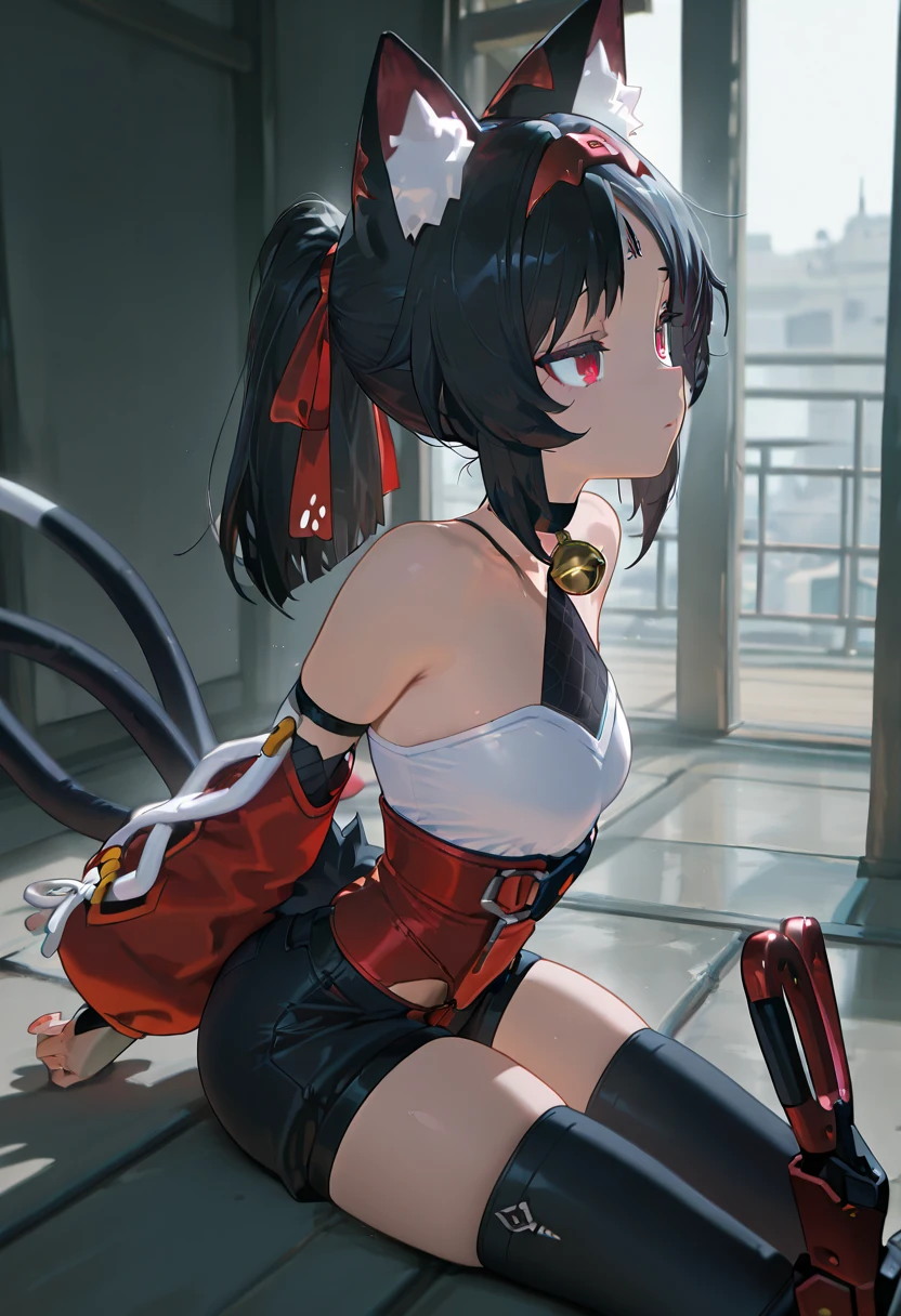Guang Ling,army suit,black pantyhoses,black military boots,mitts,Place your hands behind your back,A sexy pose
