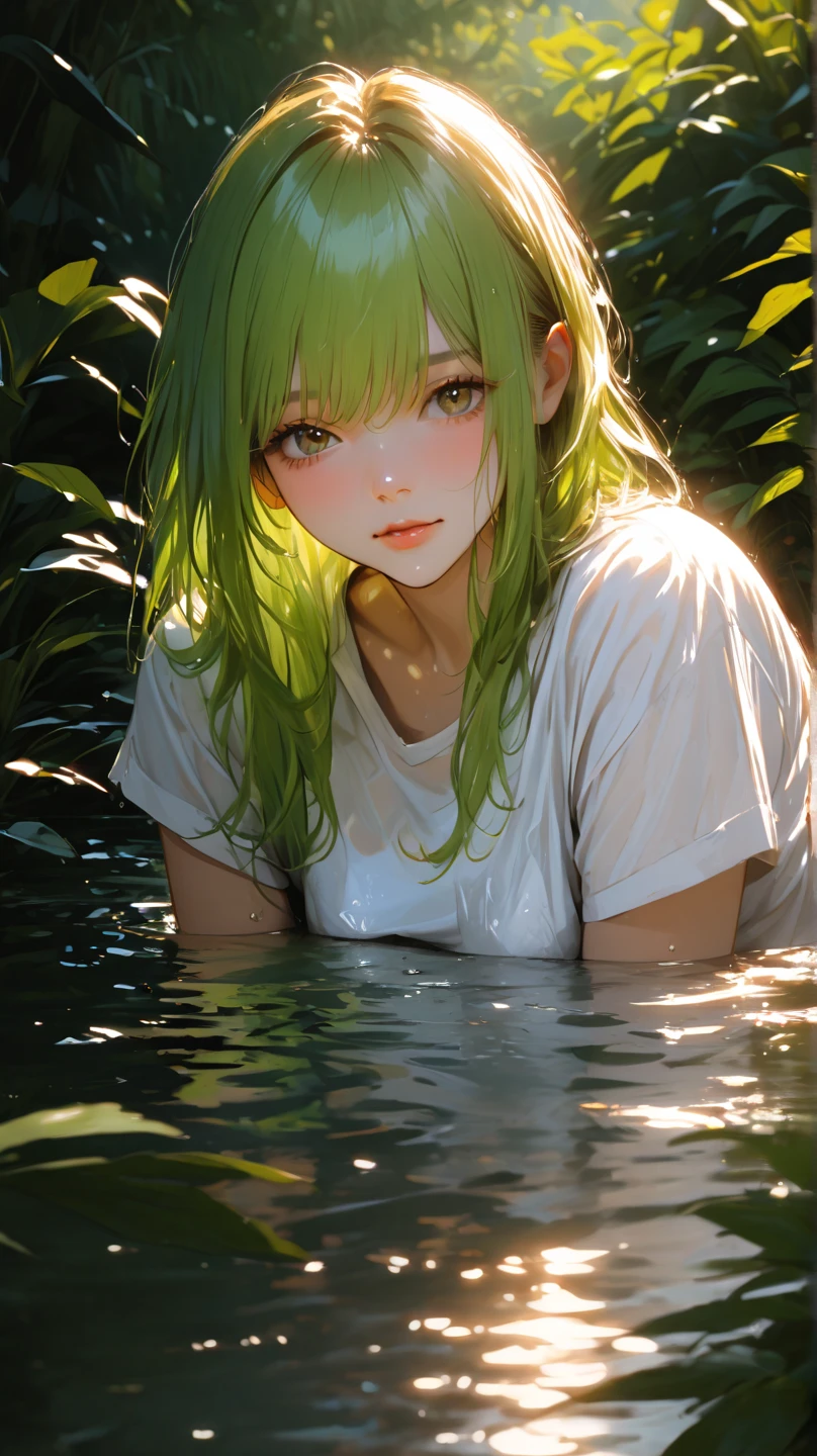 1girl, beautiful woman, she is sitting in abandoned metallic Framing Construction with water floor and moss and humid and plant and colorful flowers garden, wet, wettings, sunlit, blue sky, (close up), yellow fashion, face focus,  (transparent yellow bathrobe, naked)