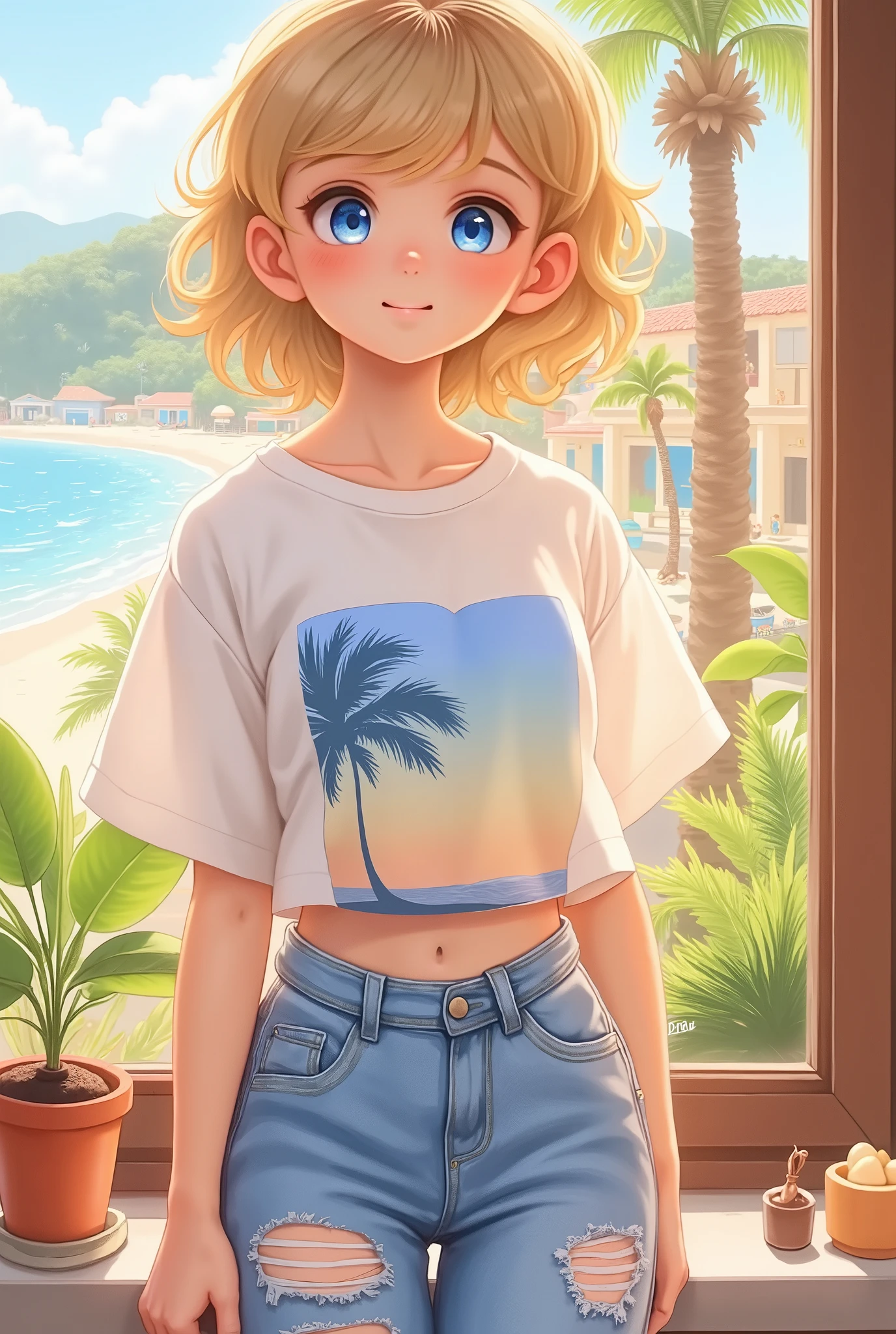 "A dreamy anime girl with short, wavy blonde hair and bright blue eyes standing in front of a large window with a tropical beach view. She is wearing a loose white t-shirt with a pastel palm tree print and high-waisted, ripped jeans. The warm sunlight filters through the window, casting a soft glow on her face. The background features a serene coastal town with palm trees swaying in the breeze, pastel-colored buildings, and a clear blue sky. The art style is soft and painterly, with warm, summery tones and a nostalgic, relaxed atmosphere."