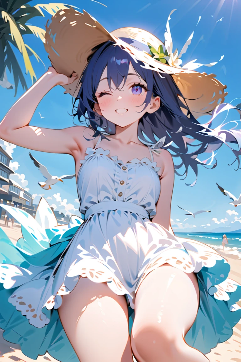 1 Girl, Seagull, Epilogue, Ocean, Bikini, Normal, Long Hair, Short Blue Hair