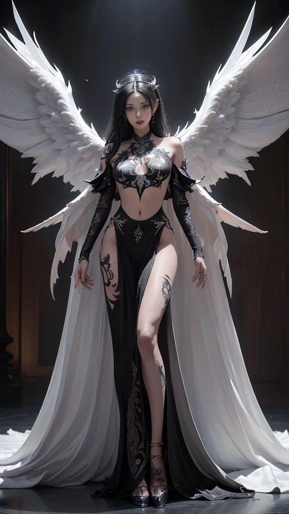 (master-piece:1.3), (bestquality:1.2),10, Absurd, unity 10 wallpaper, (Very detailed:1.3), highest, A Beautiful Girl, 1 girl only, ((Separate theme)), (long-haired,long-hairedถึงก้น), slim body, (enormous breasts,breast augmentation,small waist,Flat stomach,Long legs, slender.), (White Hair, Black Hair), (angel,Demons), (White wings,black wings), Beautiful wings, have many wings