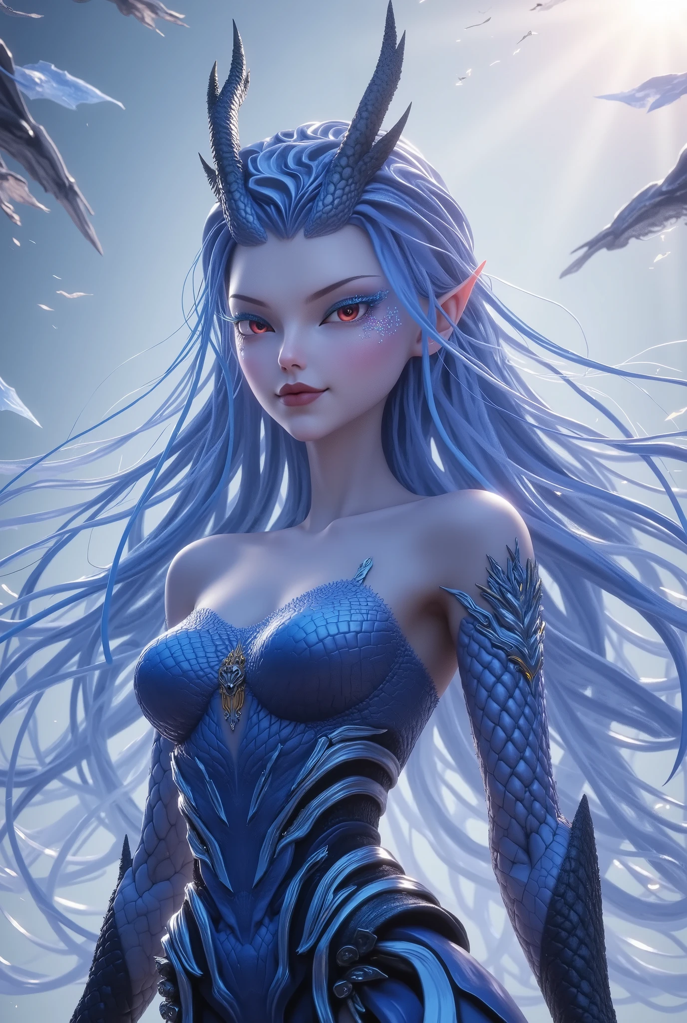 "A futuristic cybernetic woman with intricate biomechanical enhancements, blending human beauty with advanced robotics. Her silver-white hair is interwoven with glowing circuits and metallic components. Her face is delicately human with soft, realistic features, but her body transitions into a sleek, high-tech exoskeleton adorned with illuminated wires and intricate mechanical details. Her eyes glow subtly, reflecting a blend of intelligence and mystery. The background is a soft, futuristic gradient, complementing the sci-fi aesthetic. The art style is hyper-realistic with cyberpunk and sci-fi influences, featuring detailed lighting and reflections on metallic surfaces."