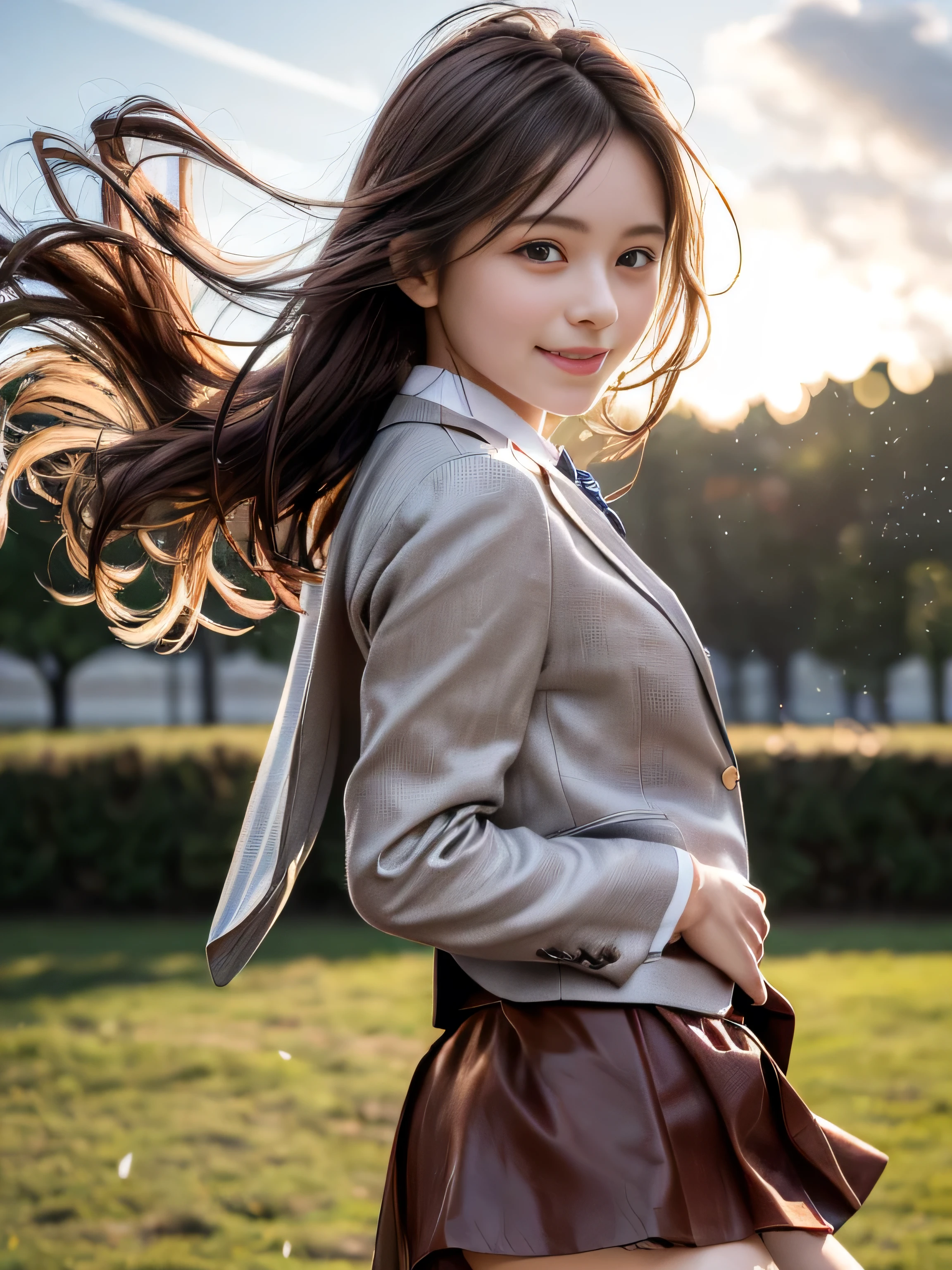 Yuko Araki、table top, highest quality, figure, super detailed, finely, High resolution, 8k wallpaper, 完璧なダイナミックな構figure, beautiful and fine eyes,natural color lip, random sexy poses,look at the camera,table top, highest quality, figure, super detailed, finely, High resolution, 8k wallpaper, 完璧なダイナミックな構figure, beautiful and fine eyes,medium hair, natural color lip,smile,(Wearing a brown school blazer uniform:1.3),(long hair:1.3),standing in the park,(The wind blows and lifts up my brown skirt,I can see your panties:1.6),cowboy_shot,18 year old girl,Backlight