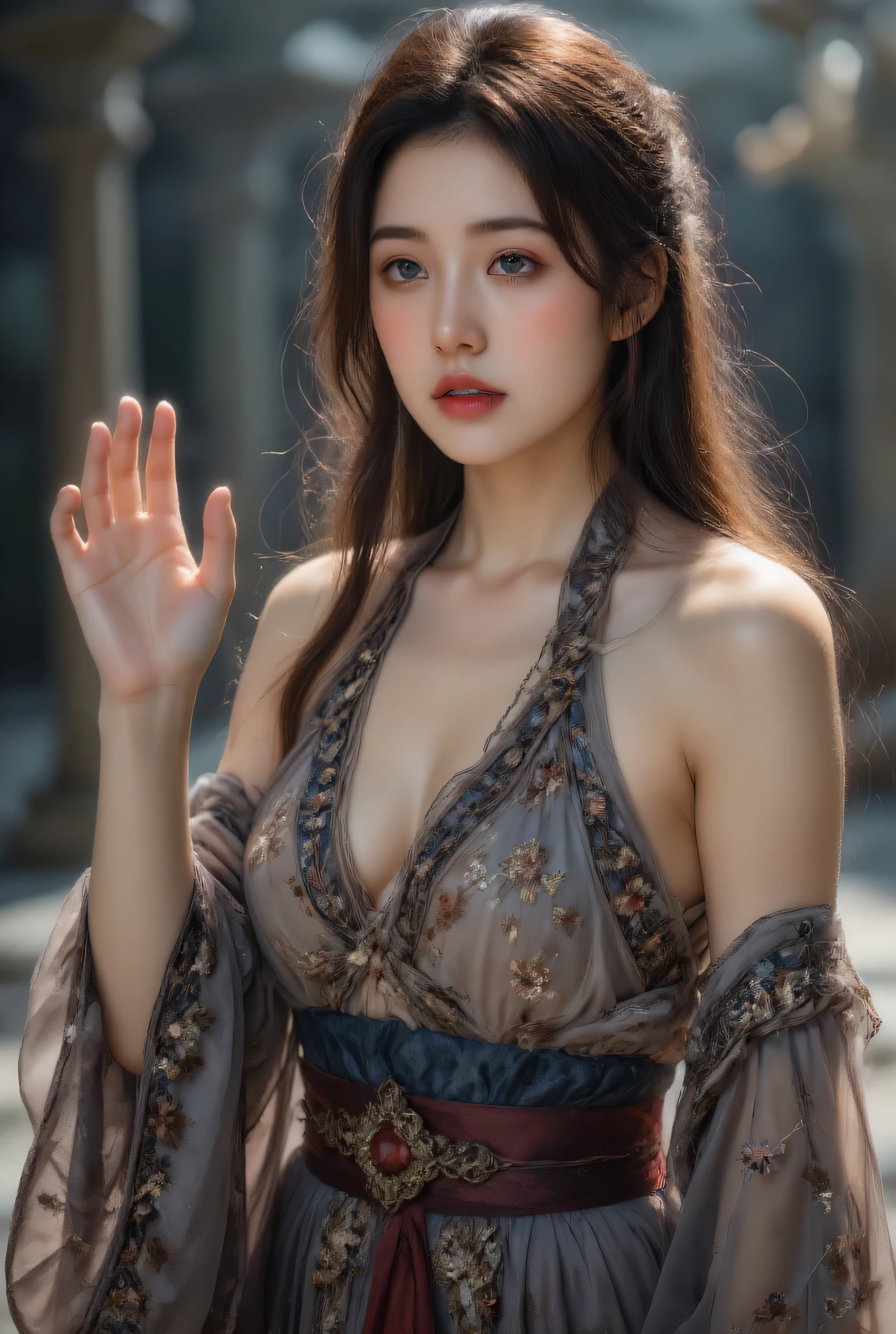 1 asian peasant girl, solo focus, smaller head, serene eyes, thin lips, dark braided hair, fashion hair, light brown eyes, medium breasts, cleavage, fit body, pauper dress, costume, laundry poses, masterpiece, ultra HD, raw photos, detailed skin textures, detailed face, detailed realistic hair, perfect hands, cowboy shot, hut background