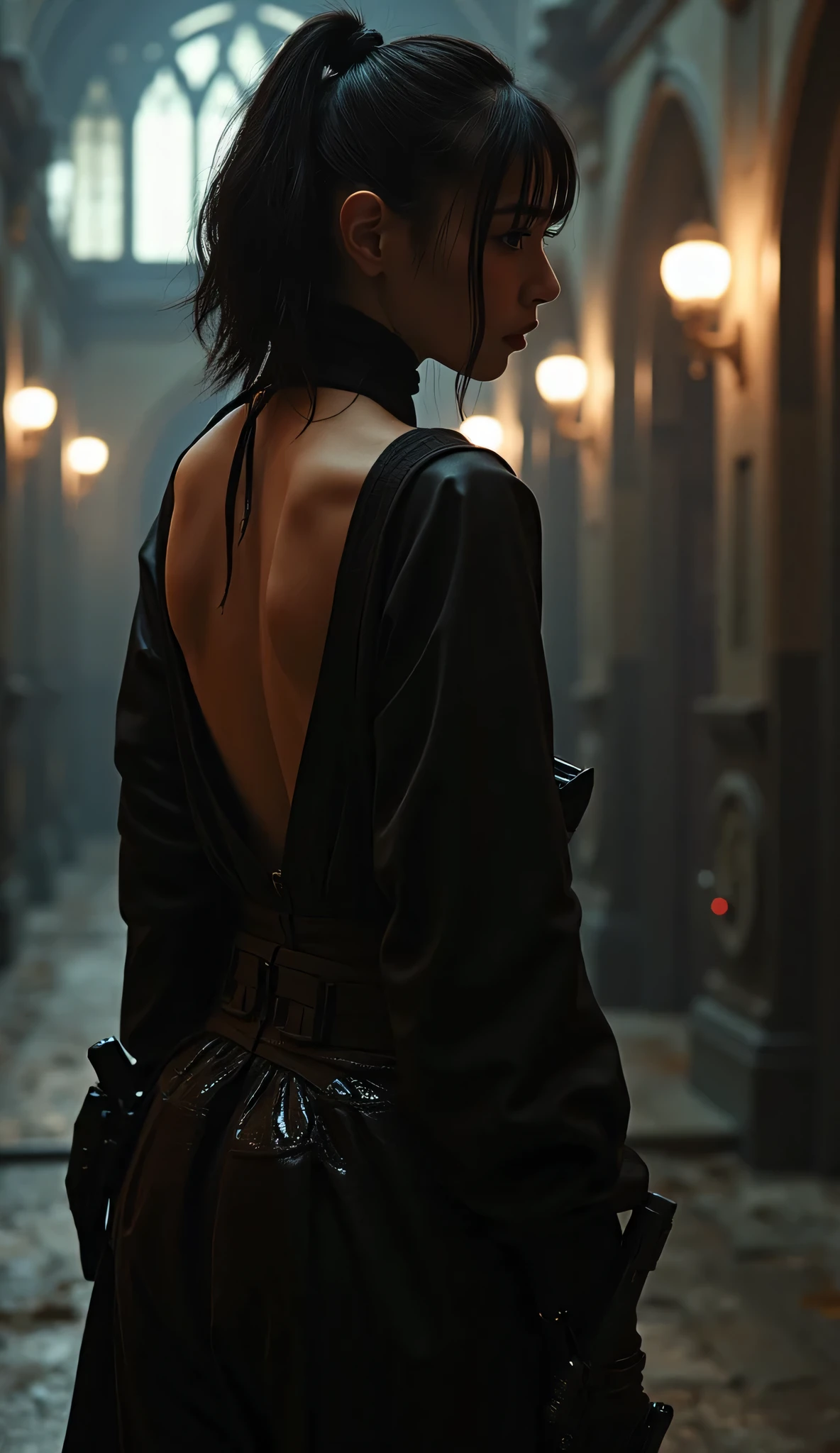 A beautiful female rogue, short black hair, D&D aesthetic, naked, cloak, high detail face, high detail skin, 8, HDR, high resolution, photo-realistic, cinematic lighting, depth of field, bokeh, rim lighting, backlit, cool colours, night, from behind