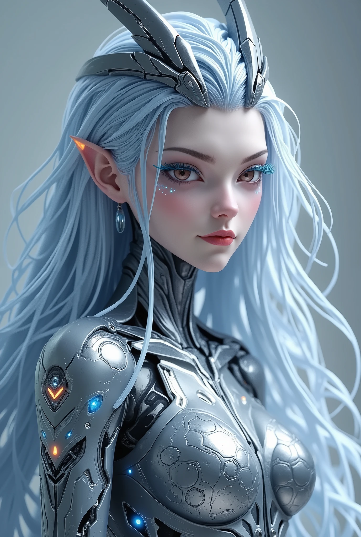 "A futuristic cybernetic woman with intricate biomechanical enhancements, blending human beauty with advanced robotics. Her silver-white hair is interwoven with glowing circuits and metallic components. Her face is delicately human with soft, realistic features, but her body transitions into a sleek, high-tech exoskeleton adorned with illuminated wires and intricate mechanical details. Her eyes glow subtly, reflecting a blend of intelligence and mystery. The background is a soft, futuristic gradient, complementing the sci-fi aesthetic. The art style is hyper-realistic with cyberpunk and sci-fi influences, featuring detailed lighting and reflections on metallic surfaces."