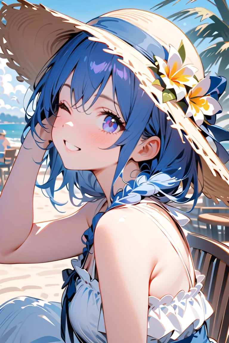 "Obra-prima，Cozy cute short girl sitting，cat ears，fang，Detailed eyes，bicolour eyes，Purple turquoise gradient eyes，Short, gray and fluffy hair，Wreath bikini，Ruffles，out door，horizon line，SKY，seas，water world，wavy，ripples，sunset。"