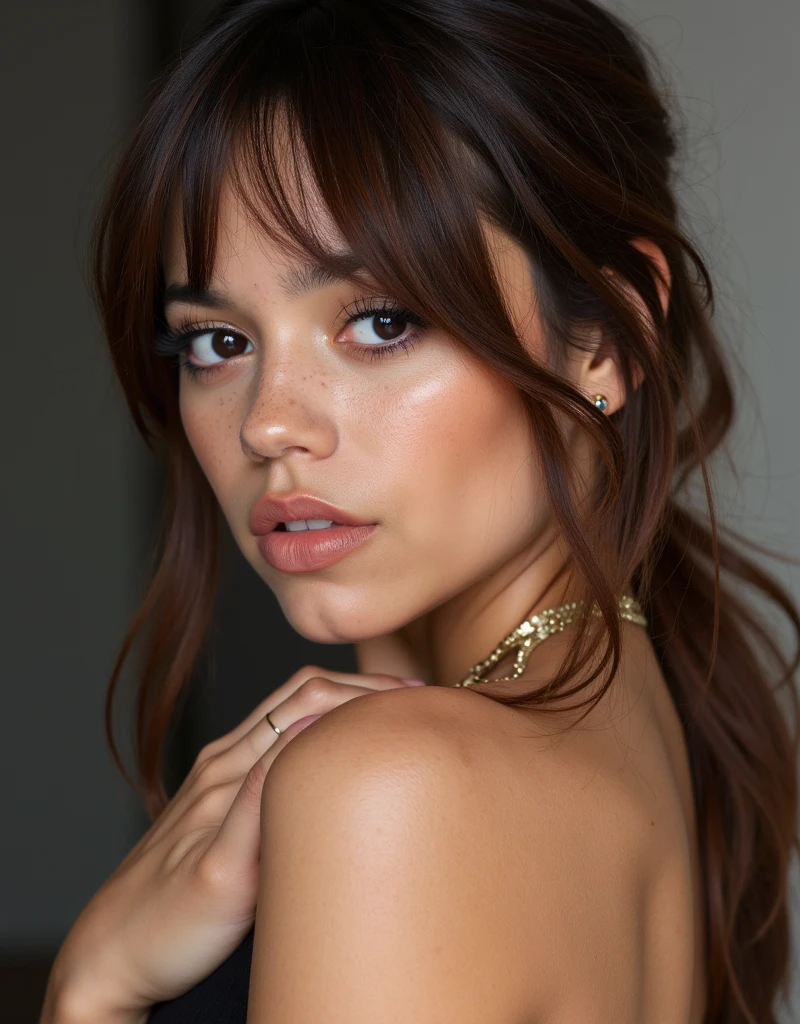 Afro-Latina woman aged 15, mixed-race woman, 1girl, solo, athletic build, brown hair, brown eyes, African nose, big lips, long curly hair, tight curls, parted bangs, constricted pupils, Hyperrealism, cinematic lighting, bust chart, perspective, Ultra-Wide Angle, Nikon, masterpiece, high quality, super detail, textured skin, highres, best quality, whole-body photo