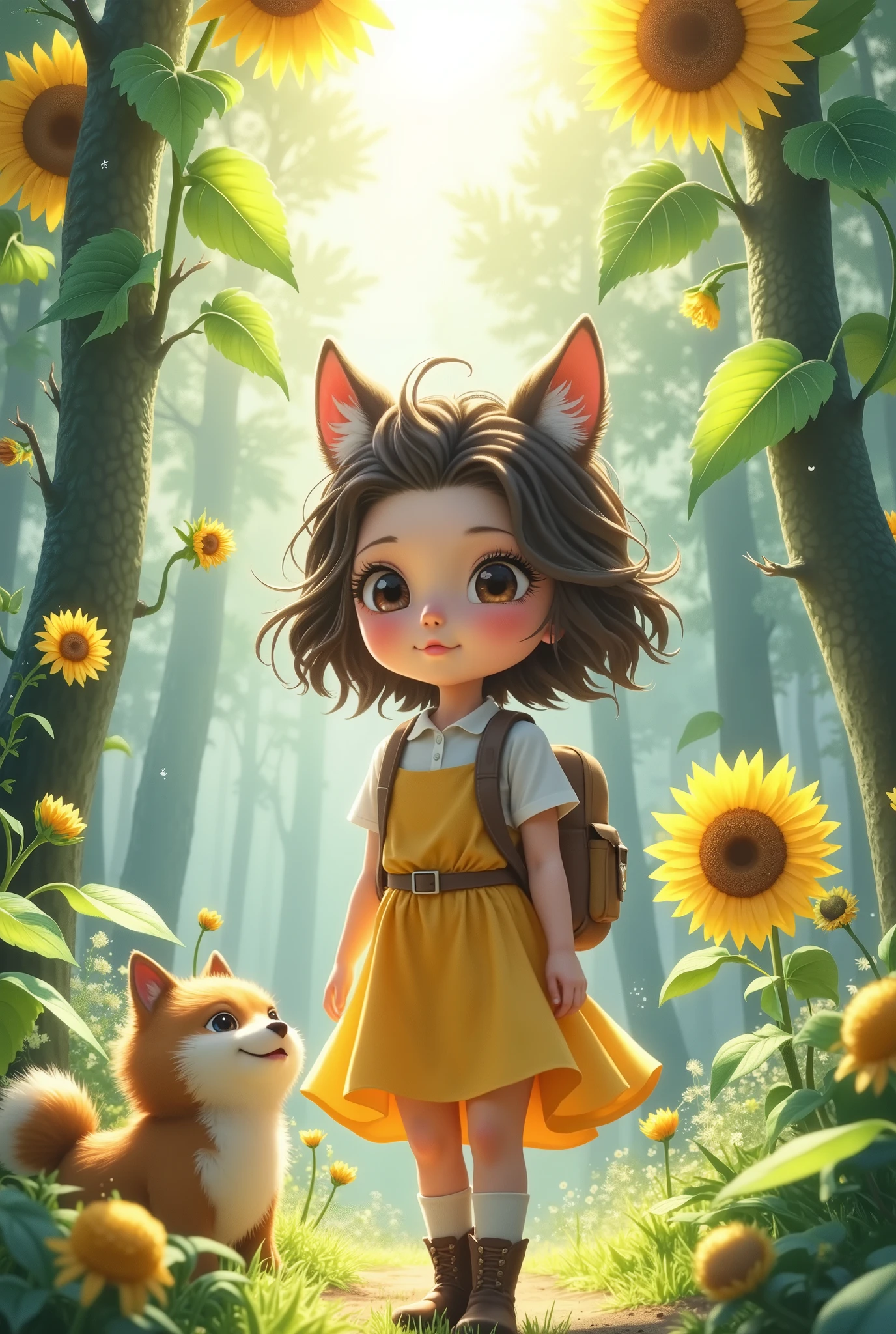 "A young girl with short brown hair and big, expressive eyes, standing in a sunlit forest surrounded by blooming sunflowers. She wears a yellow dress with a white blouse underneath, a brown backpack on her shoulders, and knee-high socks with small boots. She has a curious and slightly surprised expression as she gazes ahead. Beside her are two adorable, chubby pet companions—one resembling a Shiba Inu and the other a tiny plush-like creature. The scene is bathed in warm, golden light, with lush greenery and soft dappled shadows enhancing the cozy, whimsical atmosphere. The art style is highly detailed, anime-inspired, with soft painterly textures and vibrant colors."