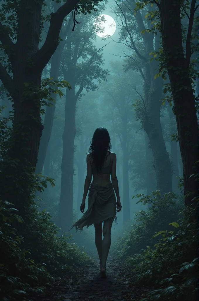 Full body image, 8k, masterpiece, Most detailed, Highest quality, Perfect look. Too real oil, create a sense of fit, male, Sunburn, logic, Bouncing, naked, female, (Long Hair:1.3), dark theme, Dense forest, full moon, night, dark,