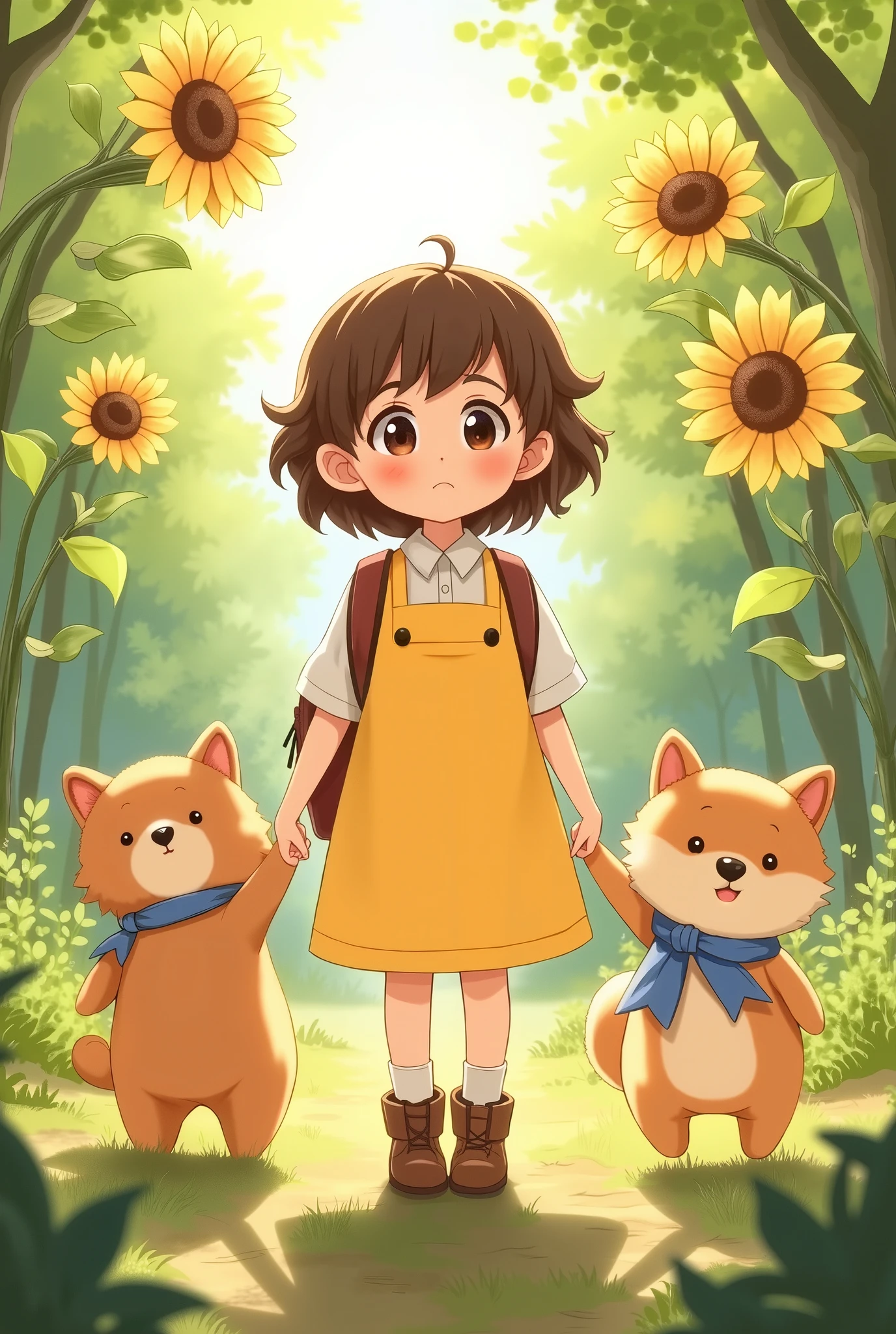 "A young girl with short brown hair and big, expressive eyes, standing in a sunlit forest surrounded by blooming sunflowers. She wears a yellow dress with a white blouse underneath, a brown backpack on her shoulders, and knee-high socks with small boots. She has a curious and slightly surprised expression as she gazes ahead. Beside her are two adorable, chubby pet companions—one resembling a Shiba Inu and the other a tiny plush-like creature. The scene is bathed in warm, golden light, with lush greenery and soft dappled shadows enhancing the cozy, whimsical atmosphere. The art style is highly detailed, anime-inspired, with soft painterly textures and vibrant colors."