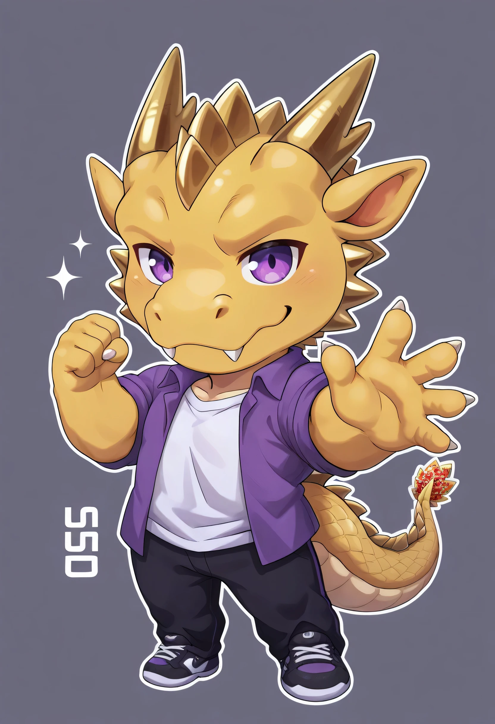 solo, gold dragon, purple eyes, shirt, chibi, wave hand, score_9, score_8_up, score_7_up