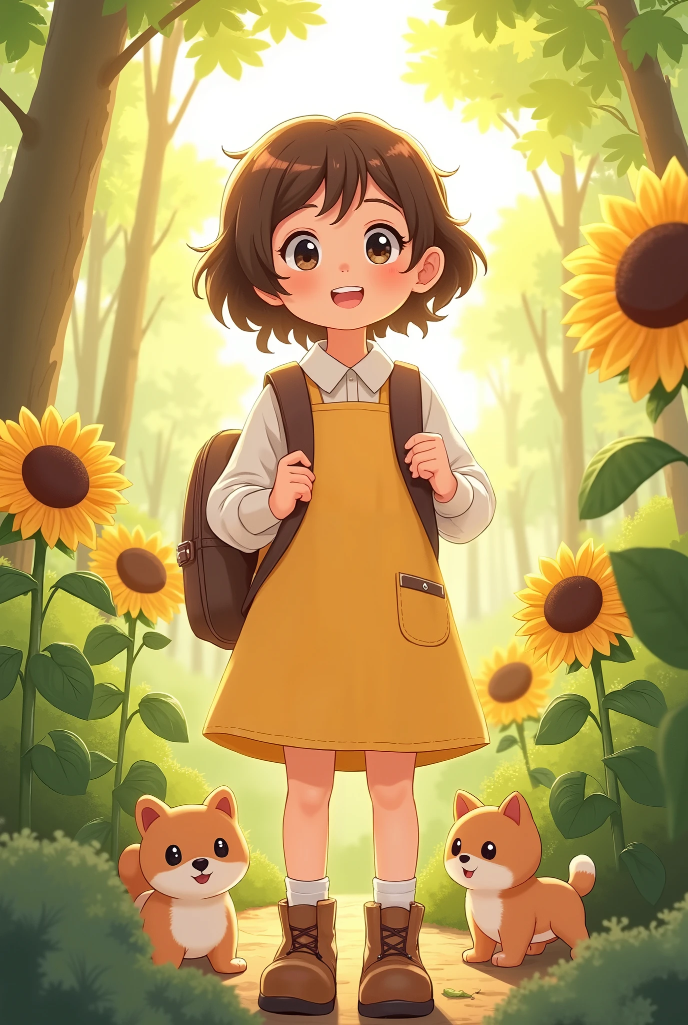 "A young girl with short brown hair and big, expressive eyes, standing in a sunlit forest surrounded by blooming sunflowers. She wears a yellow dress with a white blouse underneath, a brown backpack on her shoulders, and knee-high socks with small boots. She has a curious and slightly surprised expression as she gazes ahead. Beside her are two adorable, chubby pet companions—one resembling a Shiba Inu and the other a tiny plush-like creature. The scene is bathed in warm, golden light, with lush greenery and soft dappled shadows enhancing the cozy, whimsical atmosphere. The art style is highly detailed, anime-inspired, with soft painterly textures and vibrant colors."