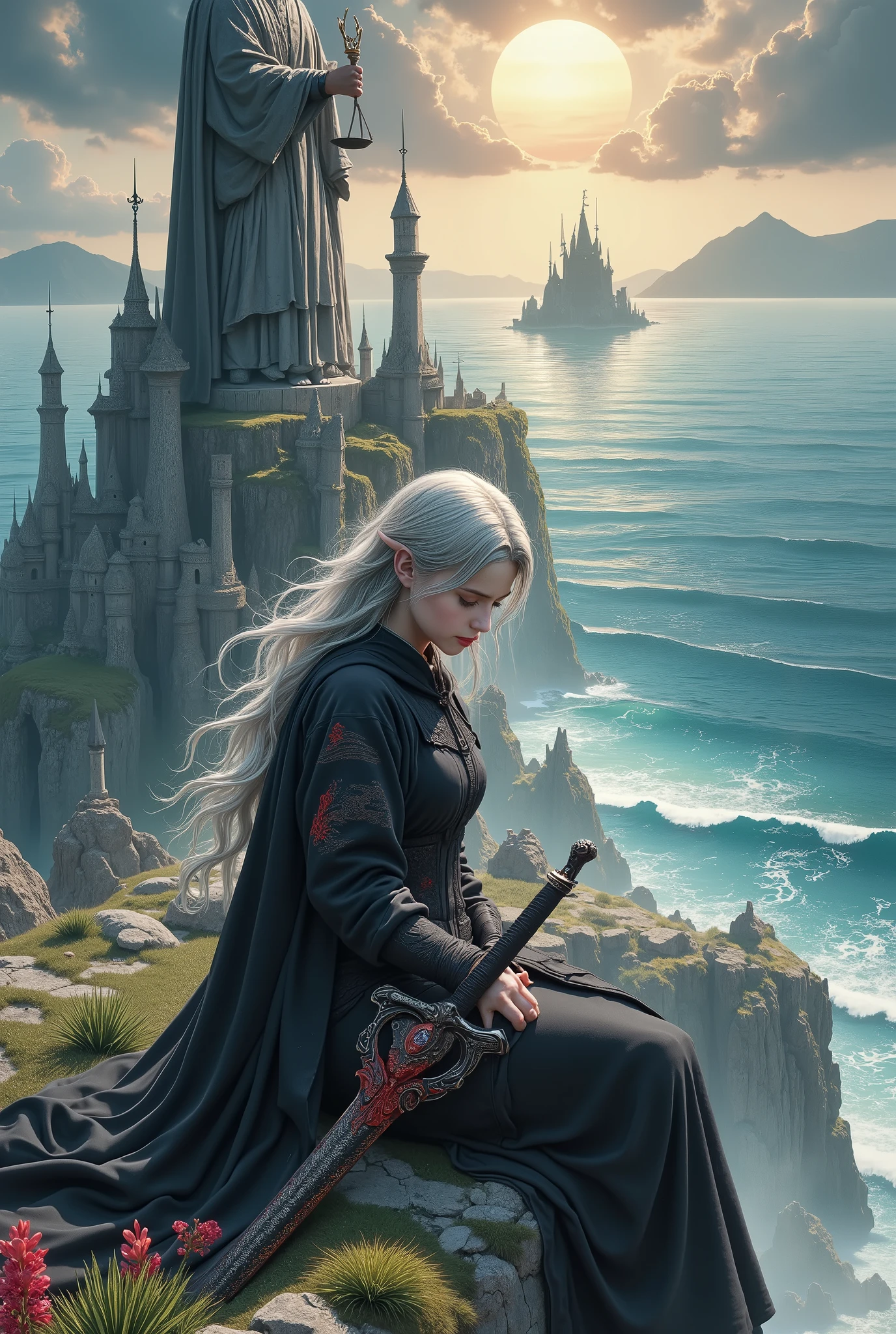 (Ultra-detailed face, Looking away, Gothic Illustration, Dark tone colors. She has five fingers on her hands and five toes on her feet.), BREAK
(On a hilltop against a backdrop of a great sea and shining sun. There is a huge old standing stone figure, blindfolded and holding a balance as an offering, presiding over justice.), BREAK
(A young female Elven swordsman sits at the foot of the stone statue, eyes downcast, lost in thought. She carries a large sword in its scabbard, slung across her back.), BREAK
(The elven female swordsman has black hair, white eyebrows, blunt bangs, very long wavy hair, small pink lips, lavender eyes, clear white skin, and thick eyeliner.), (She wears armor with reliefs of silver flames. Her cape of black silk with red wolves embroidered on it flutters loudly in the wind.)