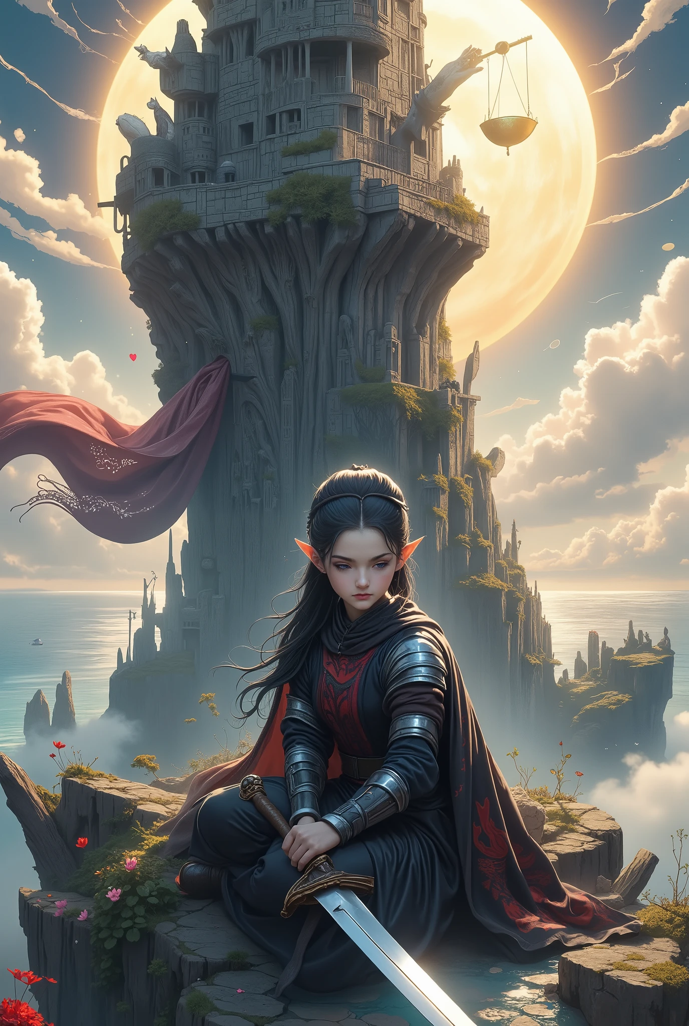 (Ultra-detailed face, Looking away, Gothic Illustration, Dark tone colors. She has five fingers on her hands and five toes on her feet.), BREAK
(On a hilltop against a backdrop of a great sea and shining sun. There is a huge old standing stone figure, blindfolded and holding a balance as an offering, presiding over justice.), BREAK
(A young female Elven swordsman sits at the foot of the stone statue, eyes downcast, lost in thought. She carries a large sword in its scabbard, slung across her back.), BREAK
(The elven female swordsman has black hair, white eyebrows, blunt bangs, very long wavy hair, small pink lips, lavender eyes, clear white skin, and thick eyeliner.), (She wears armor with reliefs of silver flames. Her cape of black silk with red wolves embroidered on it flutters loudly in the wind.)