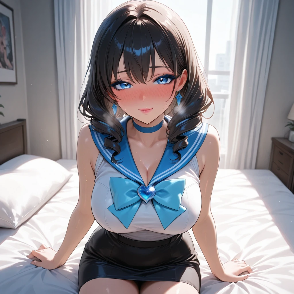 1womanl,Black hair,14years ,(()),Beautiful breasts,(((sexy white and blue shiny bunny suit)))(())(((Blushing cheeks、Smile with open mouth)),(((Satin Narico))),((( portlate))),Crowds,white and blue bunny suit,crouching down