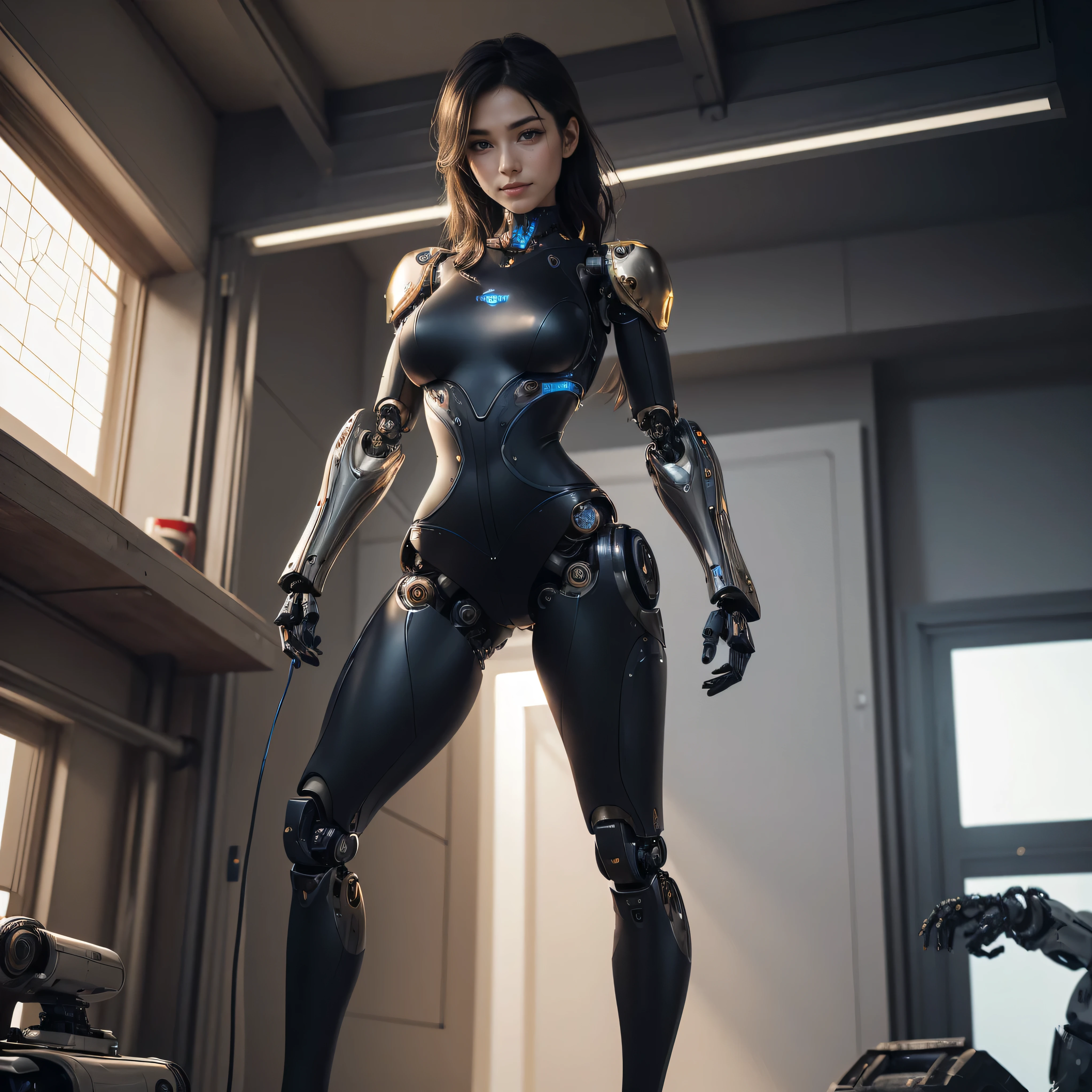 intelligent bionic robot, 2 women’s heads, woman, cyborg robot parts, microchip, Bright studio, hyperrealism, high detail on the face, delicate details, soft writing, rimlight, Rendered by Octane, Unreal Engine 5 rendering, Mechanical Public Enemy Style, 16k, best image quality, TESTIFIES, white balance on the lunar surface, High key lighting, for a soft and graceful atmosphere, Ultra A High Resolution, Big Breasts Machine, cyberpunk, ((((flying)))), In production, Battle Angel Alita, ((((big smile)))), ((((wide thigh opening with both thin long legs)))), ((((Head of a age kawaii Japanese idol)))), ((((pixie cut)))), ((((A cyborg with a humanoid precise mechanical robotic pure ultimate matte black metal most one and only muscular skinny tight body from the neck down)))), (huge metal breast), ((((extremely thinnest mechanical waist)))), ((((precise mechanical robotic arms and hands and super long neck)))), ((((pure gold hair)))), ((((vigorous)))), ((((boyishly)))), ((((full body)))), ((((Ultra hires)))), ((((master piece)))), ((((best quality)))), ((((detailed)))), ((((photo realistic))))