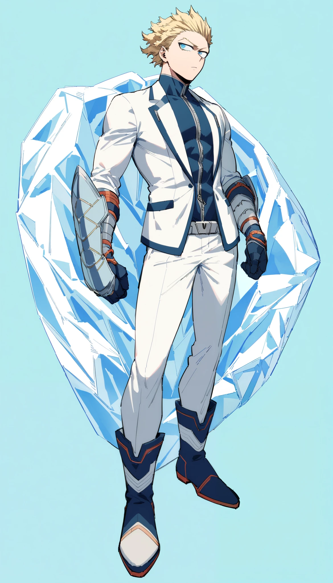 (((Highest Quality))), (Simple background), (My hero academia), single, fullbody, male, adult man, blond hair, slicked back hair, wavy hair, icey blue eyes, stern look, empty eyes, athletic body, black and white suit, pants, zippers, boots, gauntlets, bracelets, geometry design on his suit, brave perspective, holding sword