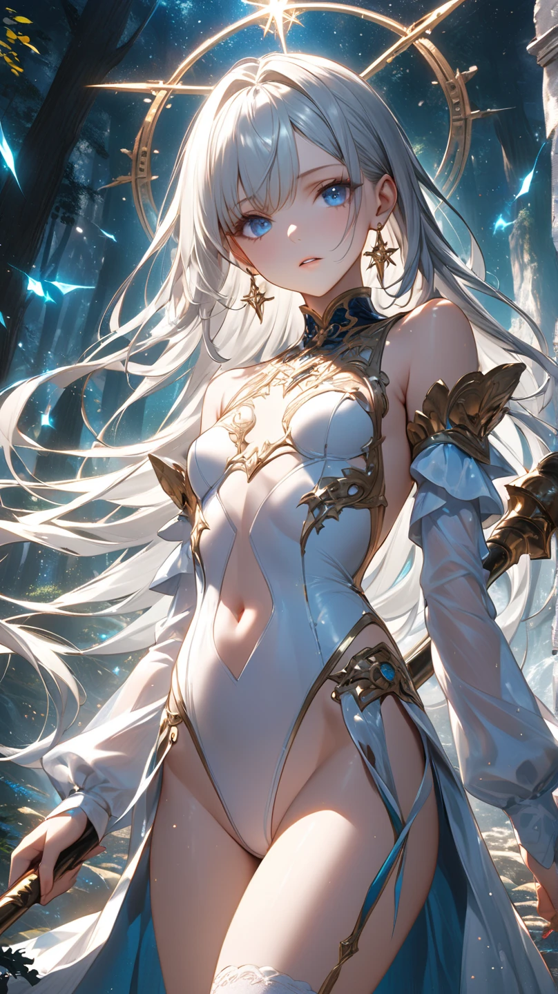 An elf woman, very dark tanned skin, beautiful silver hair, pointed ears, beautiful red eyes, pink lips, looking at the viewer, shy face, cheerful smile, masterpiece, future body suit, Cleavage, beautiful body line, seductive pose