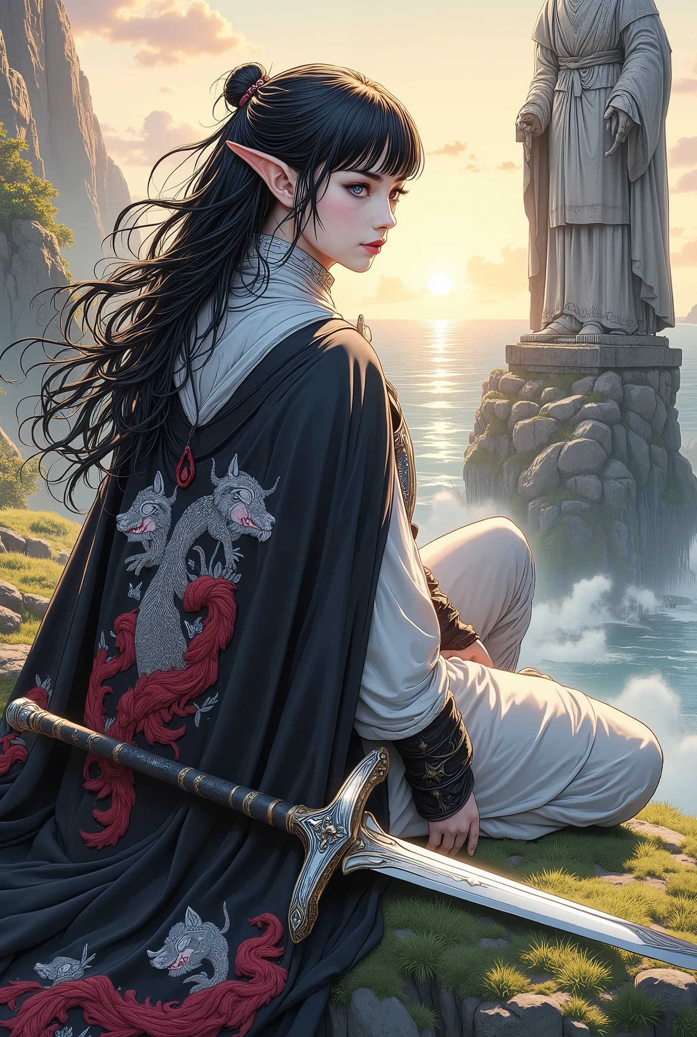 (Ultra-detailed face, Looking away, Gothic Illustration, Dark tone colors. She has five fingers on her hands and five toes on her feet.), BREAK
(On a hilltop against a backdrop of a great sea and shining sun. There is a huge old standing stone figure, blindfolded and holding a balance as an offering, presiding over justice.), BREAK
(A young female Elven swordsman sits at the foot of the stone statue, eyes downcast, lost in thought. She carries a large sword in its scabbard, slung across her back.), BREAK
(The elven female swordsman has black hair, white eyebrows, blunt bangs, very long wavy hair, small pink lips, lavender eyes, clear white skin, and thick eyeliner.), (She wears armor with reliefs of silver flames. Her cape of black silk with red wolves embroidered on it flutters loudly in the wind.)