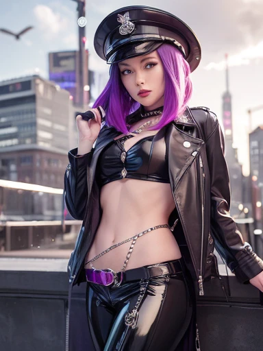 punk female idol、full body Esbian、Purple leather gunslinger fashion、fishnet tights、Mesh hair、leather gunslinger hat
